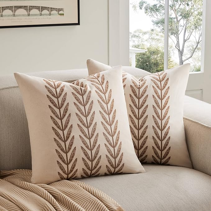 100% Cotton Farmhouse Leaves Throw Pillow Covers Set of 2, 20x20 Inch Caramel by Unknown