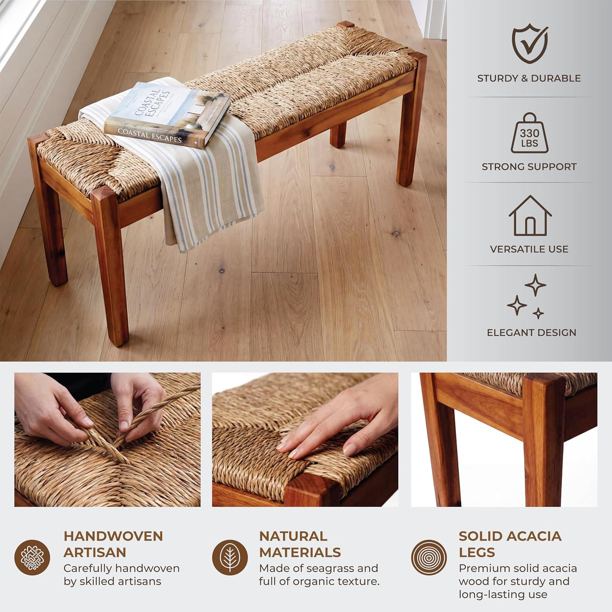 vintage entryway bench, 46 inch acacia wood with, close-up detail