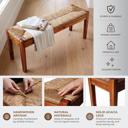 vintage entryway bench, 46 inch acacia wood with, close-up detail