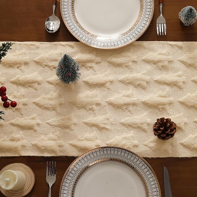 Christmas Tbale Runner 13x36 Inch Soft Plush Faux Fur Jacquard Beige Big Small - Image 3