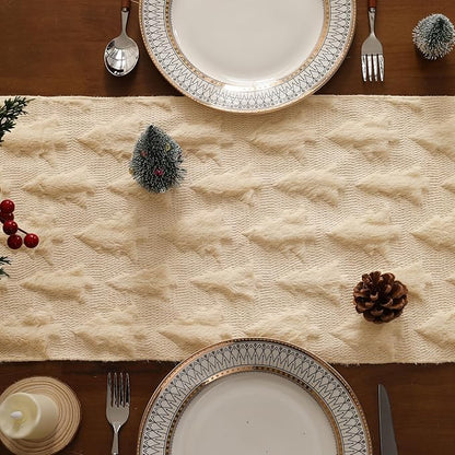 Christmas Tbale Runner 13x72 Inch Soft Plush Faux Fur Jacquard Beige Big Small - Image 3