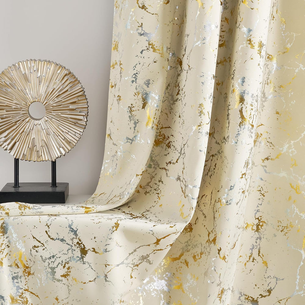 NICETOWN Sliver Gold Foil Patterned Beige Blackout Curtains 84 Inches Long