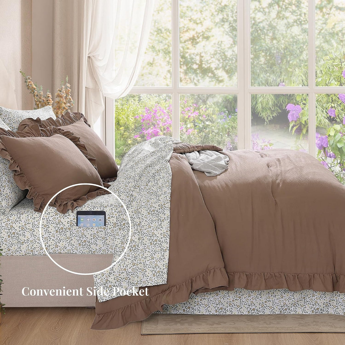 bloomhaven queen comforter set-7 pieces ruffle bedding with, close-up detail