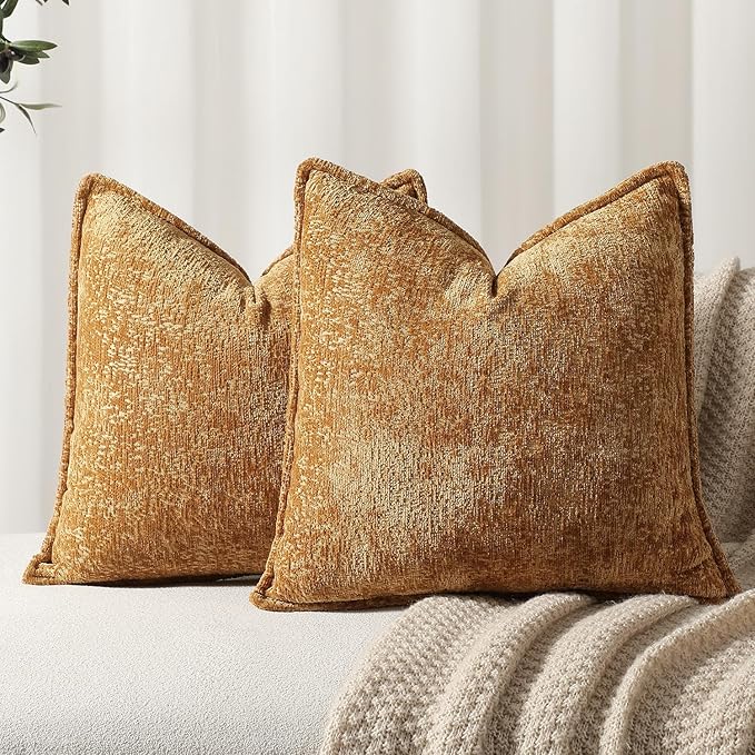 Pack of 2 Golden Brown Decorative Throw Pillow Covers 22x22 Cozy Soft Chenille by DEZENE