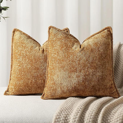 Pack of 2 Golden Brown Decorative Throw Pillow Covers 22x22 Cozy Soft Chenille by DEZENE