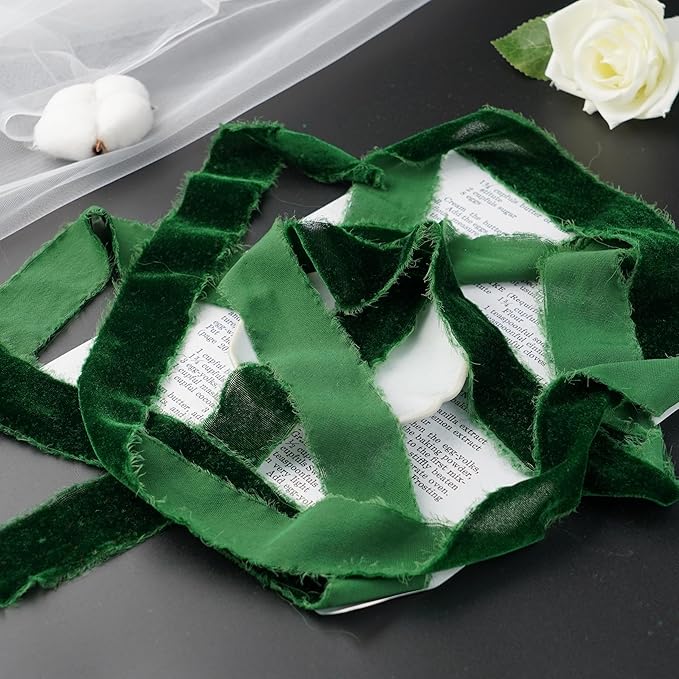 Dark Green Velvet Ribbon for Christmas Tree Decorations Frayed Silk Velvet - Image 6
