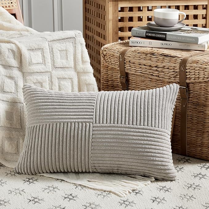 Fancy Homi 2 Packs Neutral Grey Lumbar Decorative Throw Pillow Covers 14x24 Inch - Image 2
