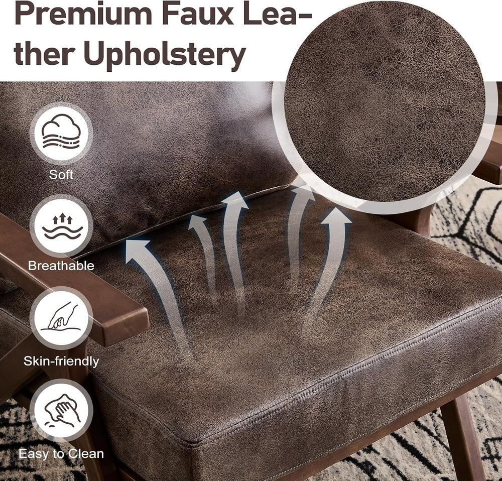 ANJ Faux Leather Accent Chair with Overstuffed Cushion, Mid-Century Modern Ar...