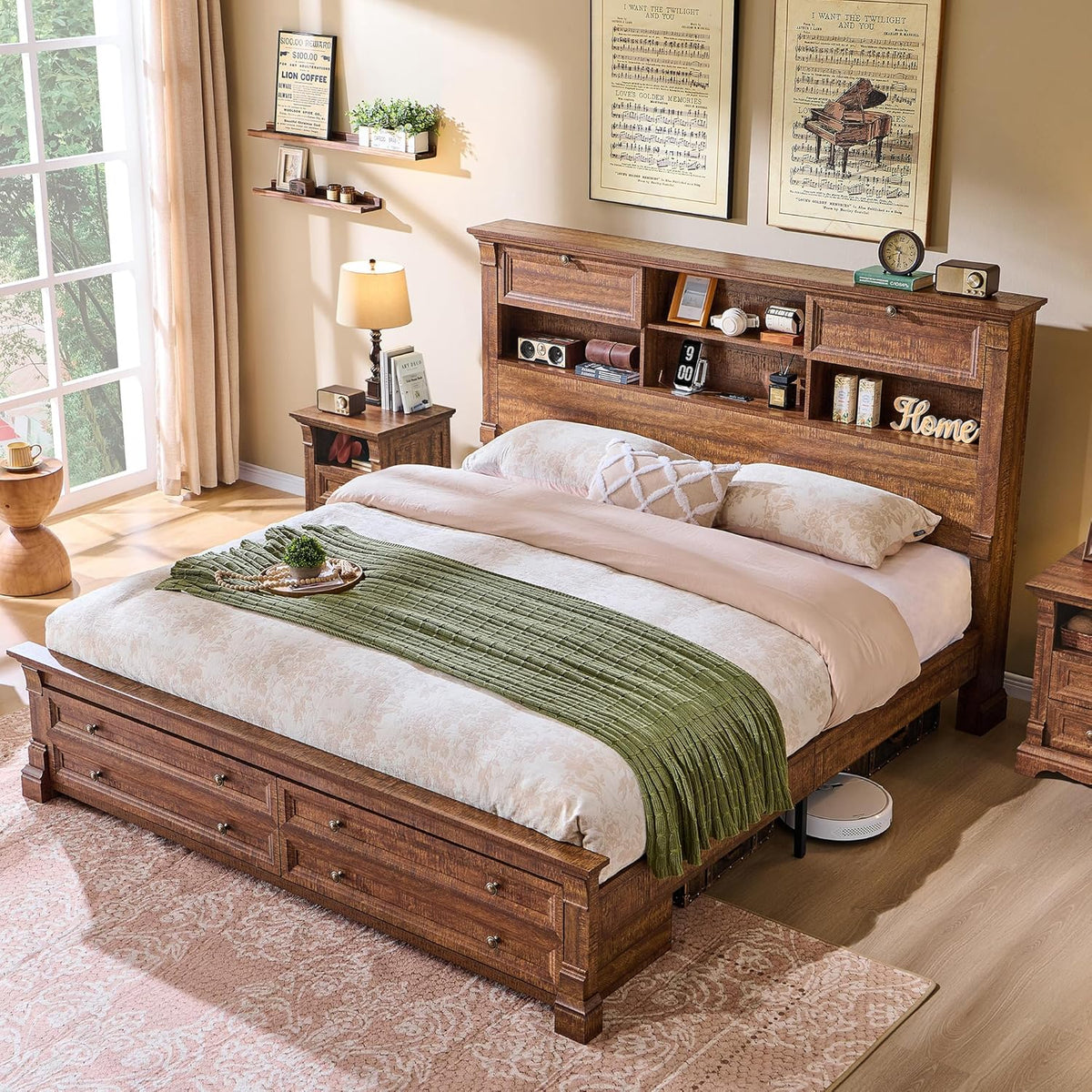 farmhouse queen size bed frame with 54" tall, close-up detail