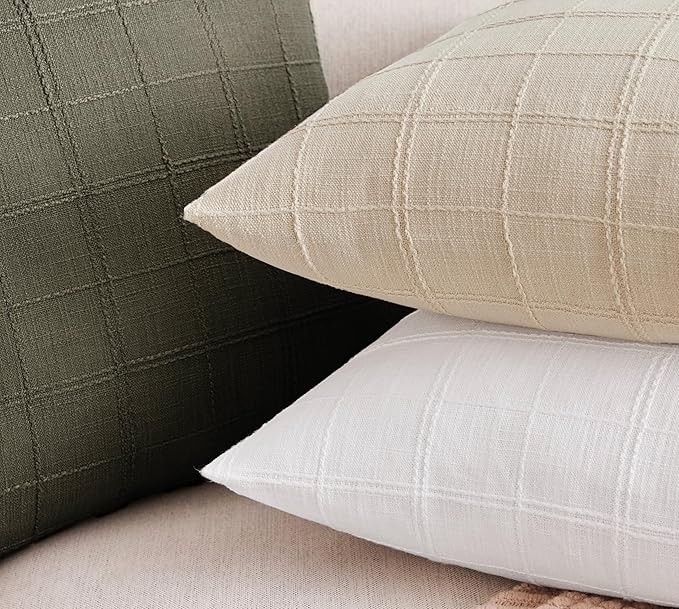 ZeeMart Linen Checked Throw Pillow Covers Set of 2, 22x22 Inch Allover Grid - Image 4