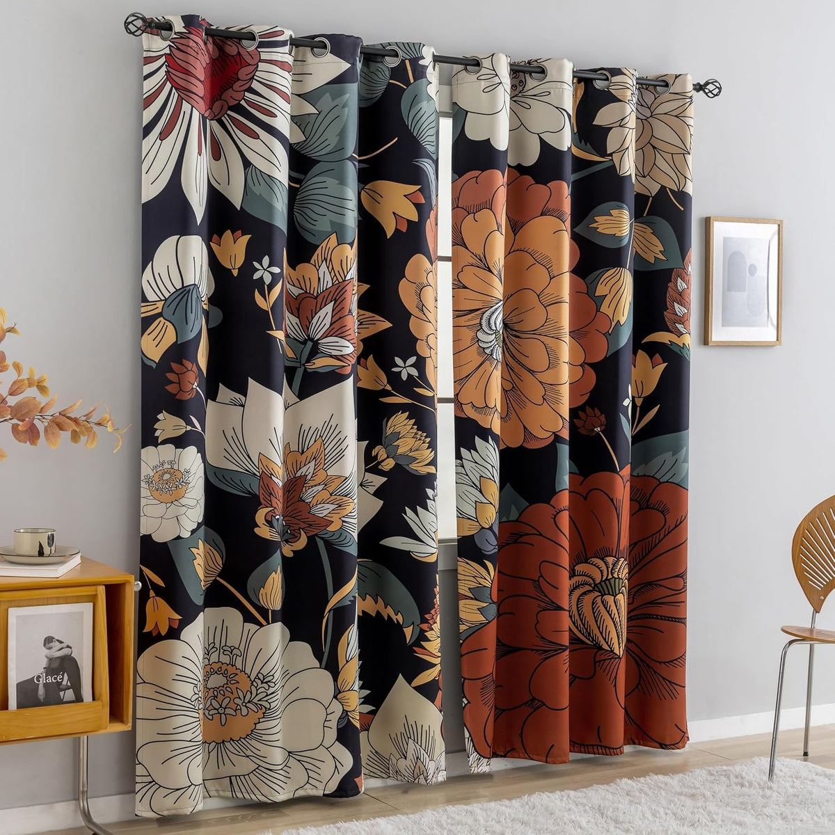 tyrot black boho floral grommet blackout curtains, 52w shown in use