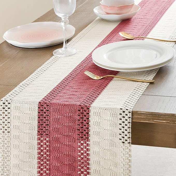 ZeeMart Macrame Style Bicolor Stitching Table Runner, 14 x 90 Inch Dusty - Image 5