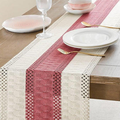 ZeeMart Macrame Style Bicolor Stitching Table Runner, 14 x 90 Inch Dusty - Image 5