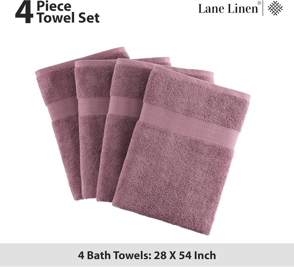 LANE LINEN Bath Towel Set Quick Dry 100% Cotton 4 Piece - Wishful Mauve