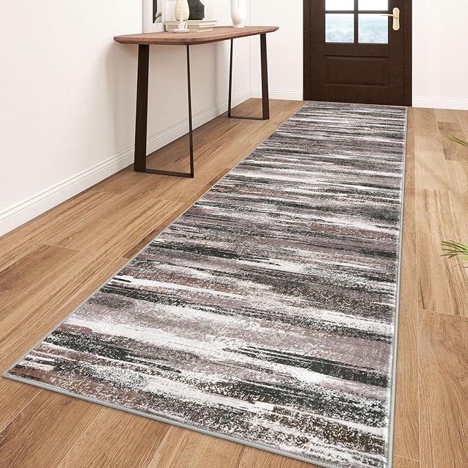 Modern Abstract Runner Rug 3x10, Dark Light Brown White Washable Kitchen Runner by lansny