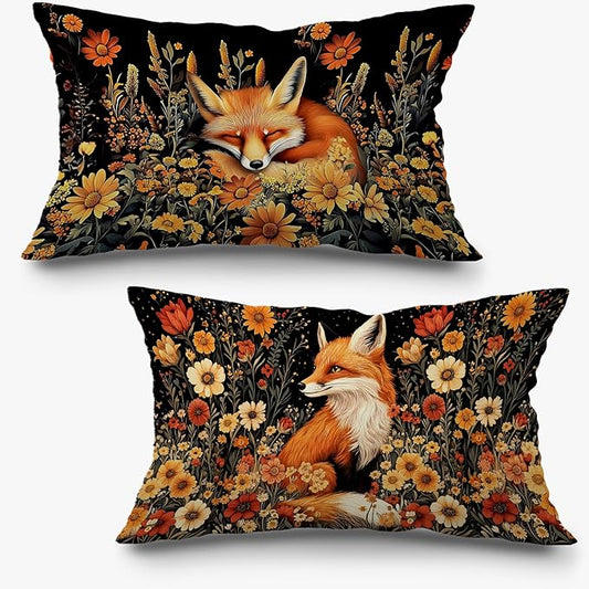 Vintage Moody Floral Fox Pillow Covers 12x20 Set of 2, Dark Cottagecore by Exqcom