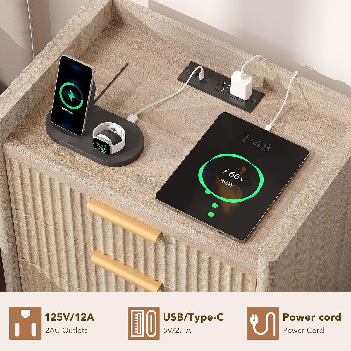 25.9" fluted nightstand with charging station, large bedside, close-up detail