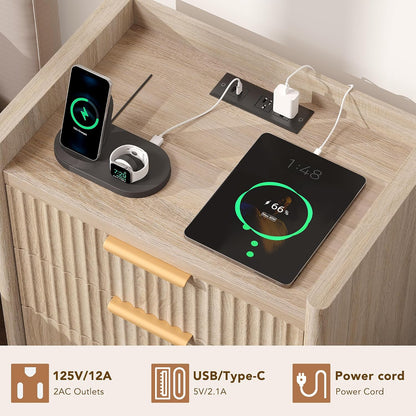 25.9" fluted nightstand with charging station, large bedside, close-up detail