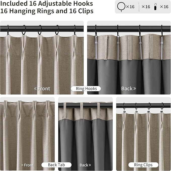 Pinch Pleat 100% Blackout Linen Curtains 102 Inch Long 2 Panels Insulated - Image 3