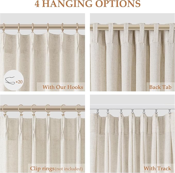 Cream Beige Pinch Pleat Linen Curtains 90 Inch Length 2 Panels Set - Image 2