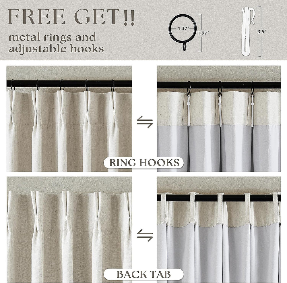 90 Inch Pinch Pleated Linen 100% Blackout Curtains 2 Panels Cream Natural
