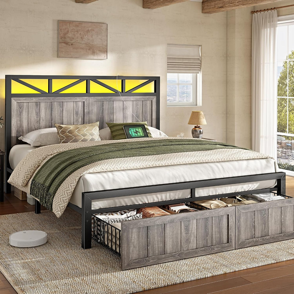 EnHomee Queen Farmhouse Bed Frame, 2 Storage Drawers, LED & USB, Light Grey
