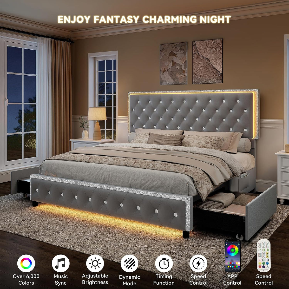 torana queen led bed frame with 2 storage, close-up detail
