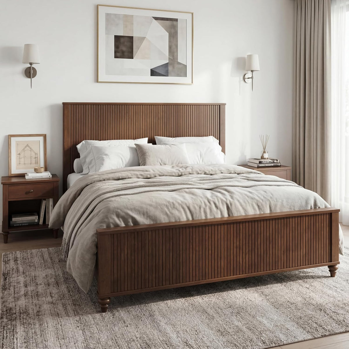 merax king size wood bed frame with fluted, close-up detail