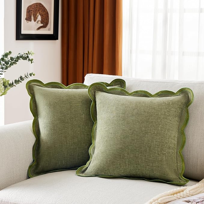 Sage Green Scalloped Pillow Cover Pack of 2 Spring Chenille Decorative Throw by Ohocut