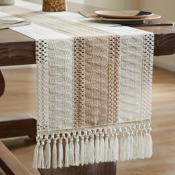 ZeeMart Macrame Style Bicolor Stitching Table Runner, 14 x 48 Inch Taupe/Ivory - Image 7