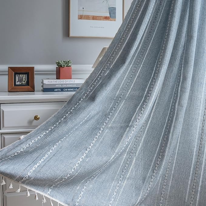 ColorBird Boho Curtains for Bedroom, 96 inch Blue Striped Room Darkening Linen - Image 5