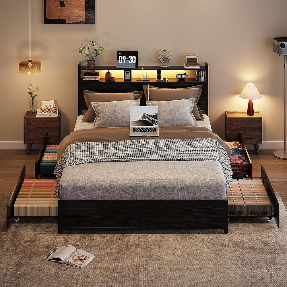 VINGLI Queen Platform Bed Frame with 4 Storage Drawers and Adjustable Headboa...