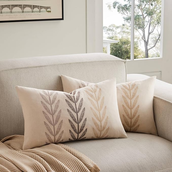 100% Cotton Farmhouse Leaves Lumbar Throw Pillow Covers Set of 2, 12x20 Inch by Unknown