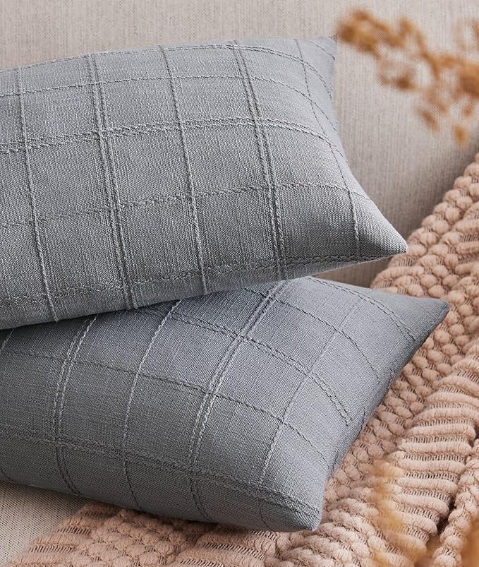 ZeeMart Linen Checked Lumbar Throw Pillow Covers Set of 2, 12x20 Inch Allover by ZEEMARTONLINE