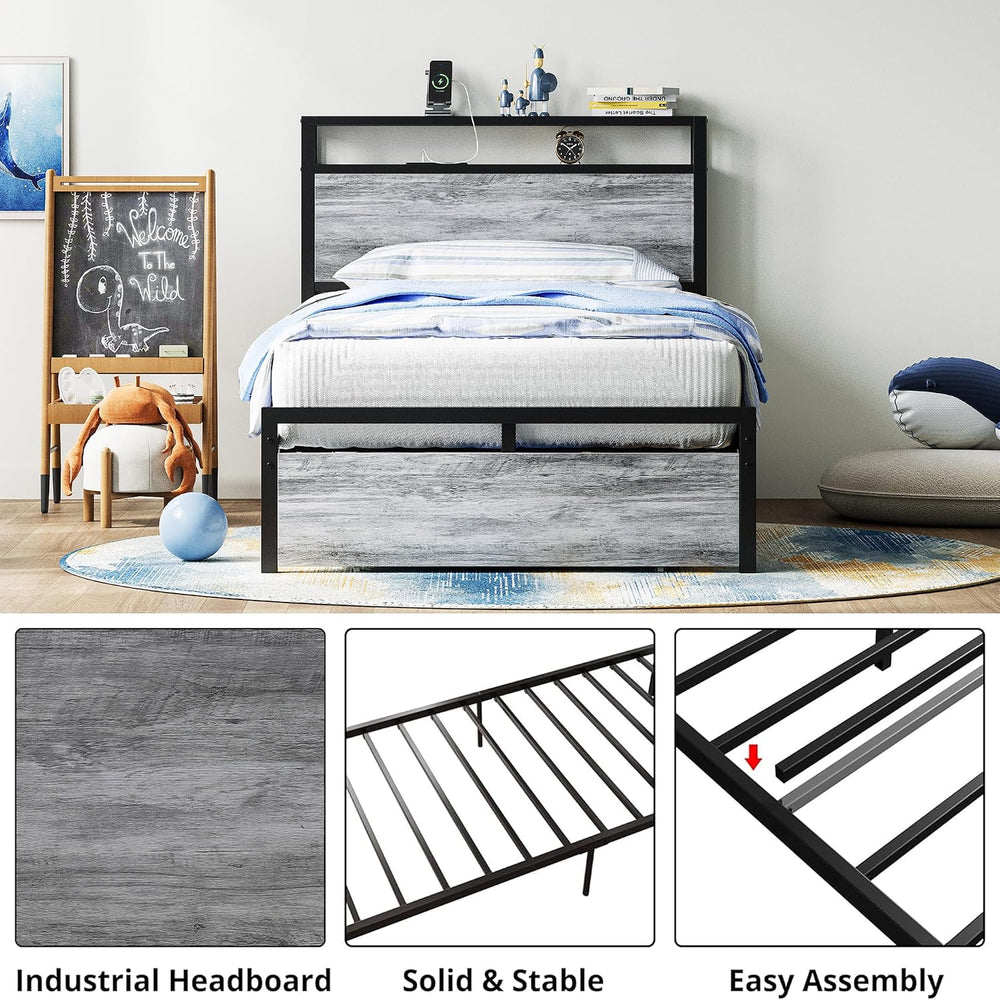 LIKIMIO Twin Bed Frames with Drawer and Charging Station, Industrial Gray