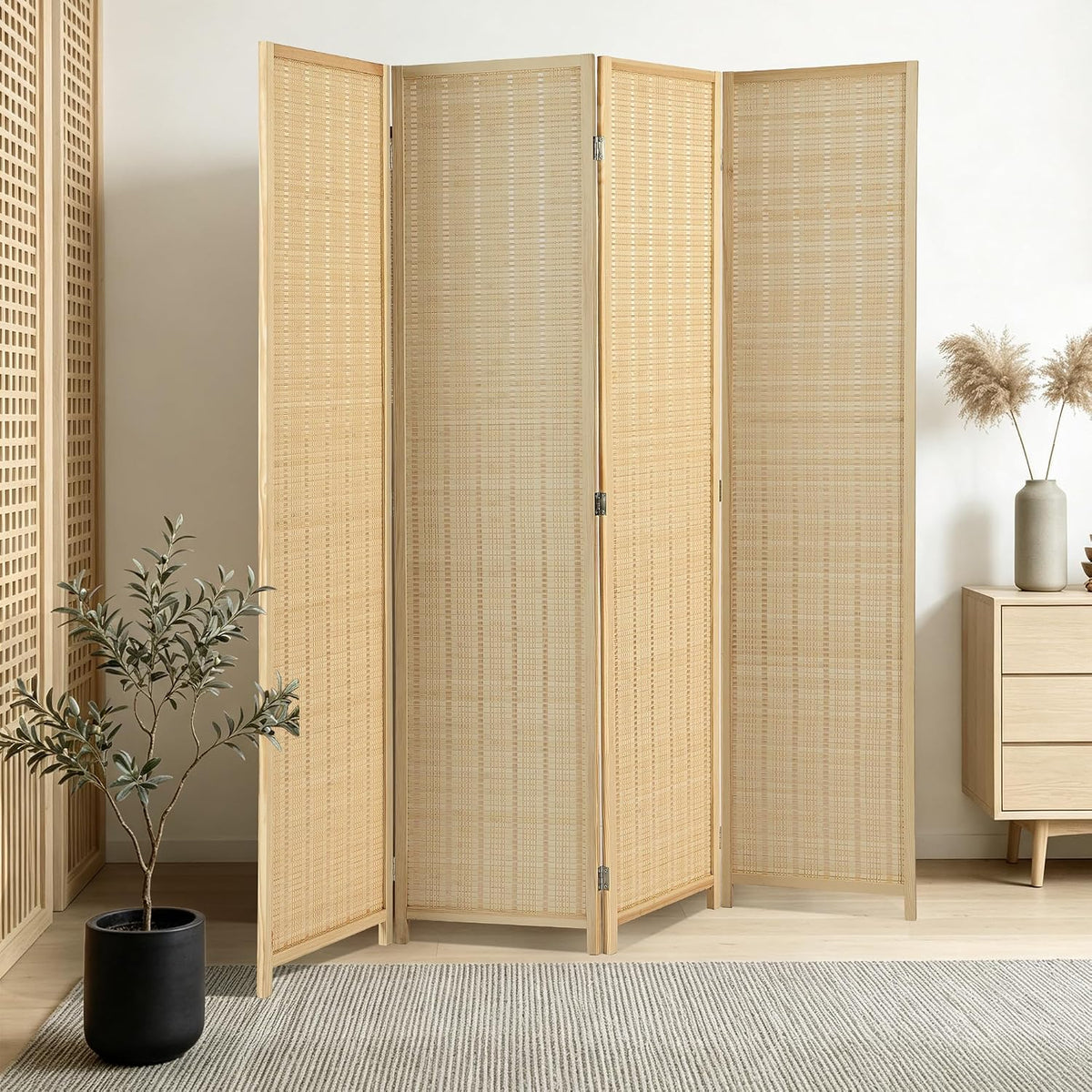 4 panel bamboo room divider, folding privacy screen shown in use