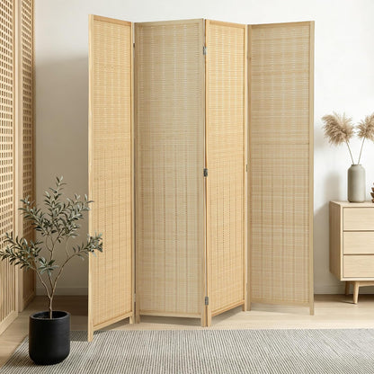 4 panel bamboo room divider, folding privacy screen shown in use