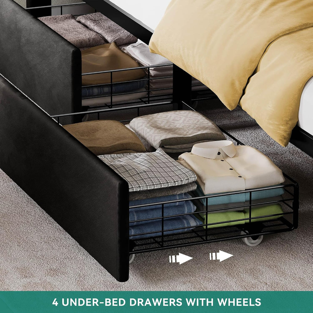 DWVO King Size Bed Frame, 4 Drawers and RGB LED Light,Charging Station