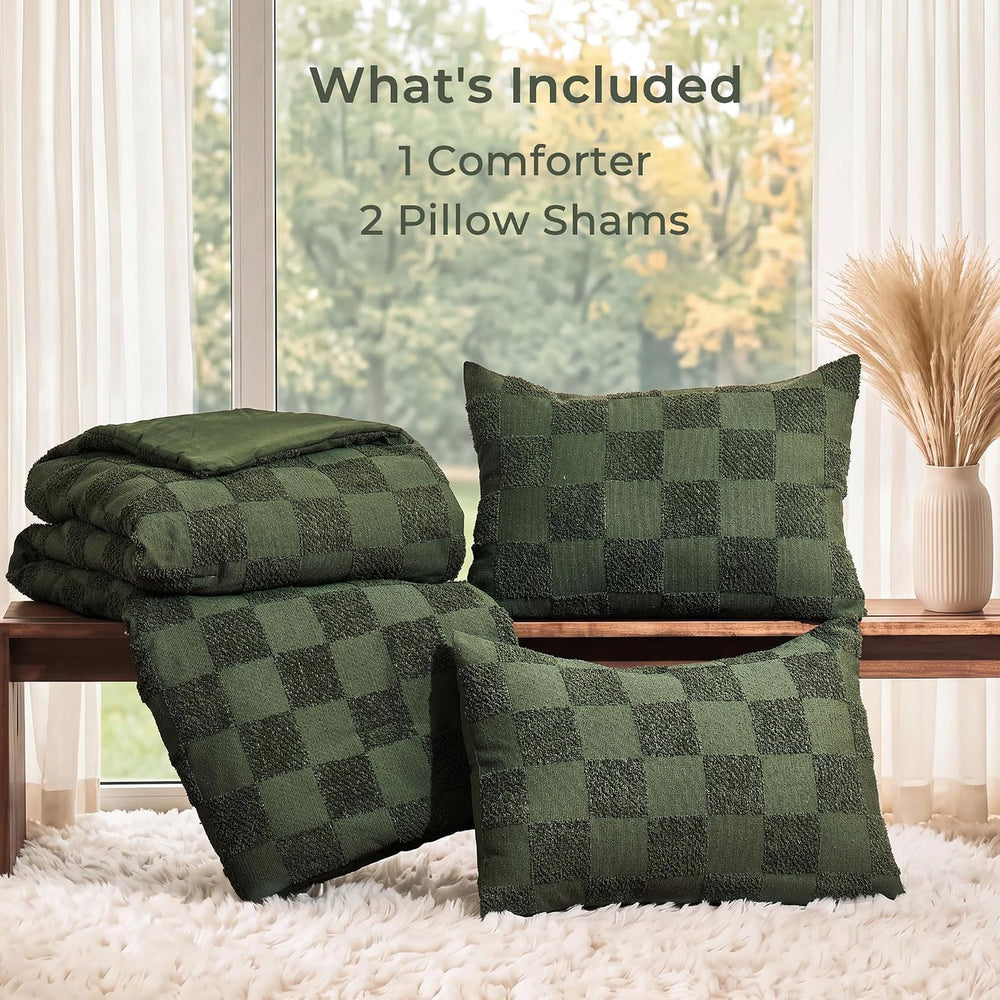 Full Comforter Set-3 Pieces Soft Boho Tufted Bed Checkered Bedding