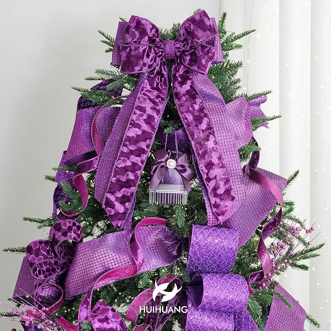 HUIHUANG Purple Christmas Wired Ribbon 4 inch Square Mesh Netting Wired Ribbon - Image 4