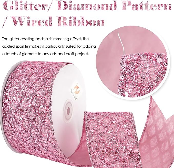 HUIHUANG Pink Glitter Wired Ribbon - Image 2