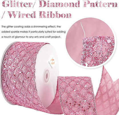 HUIHUANG Pink Glitter Wired Ribbon - Image 2