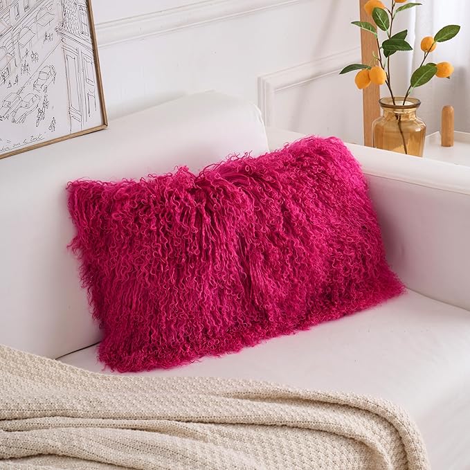 Genuine Mongolian Lamb Fur Pillow Cover – 12"x20" Rectangular Cushion Case – - Image 2