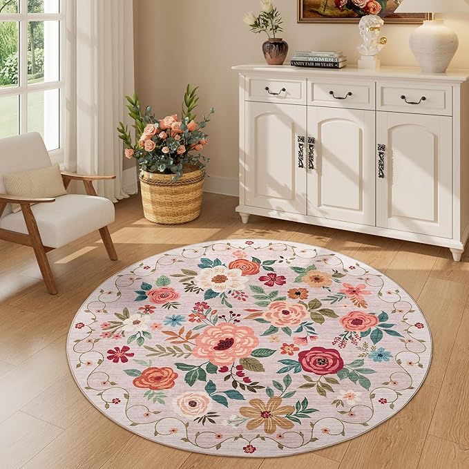 DUKINO Floral Round Rug, 4ft Washable Round Area Rug, Non Slip Indoor Low Pile by DUKINO