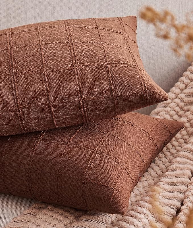 ZeeMart Linen Checked Lumbar Throw Pillow Covers Set of 2, 12x20 Inch Allover by ZEEMARTONLINE