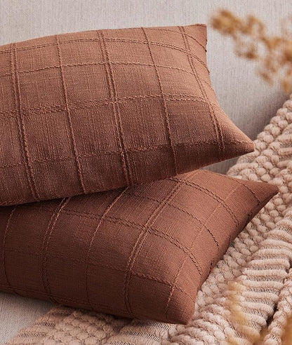 ZeeMart Linen Checked Lumbar Throw Pillow Covers Set of 2, 12x20 Inch Allover by ZEEMARTONLINE