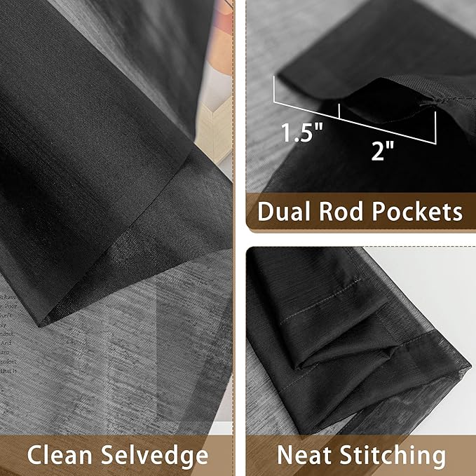 Black Sheer Curtains 96 Inches Long, Privacy Semi Sheer Curtains - Image 5