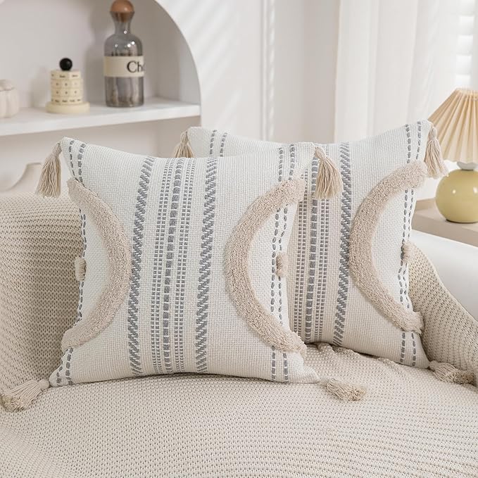 Boho Throw Pillow Covers 18x18 Set of 2 Cotton Woven Tufted Farmhouse Pillows by PLEPATE