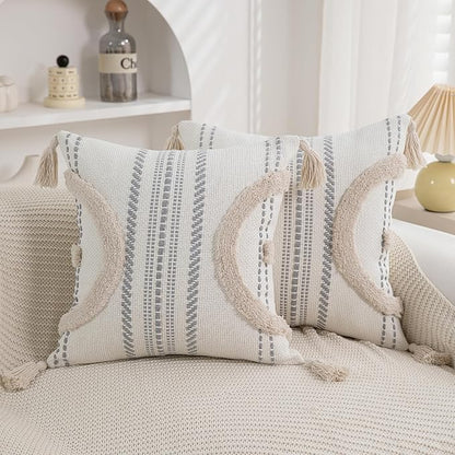 Boho Throw Pillow Covers 18x18 Set of 2 Cotton Woven Tufted Farmhouse Pillows by PLEPATE
