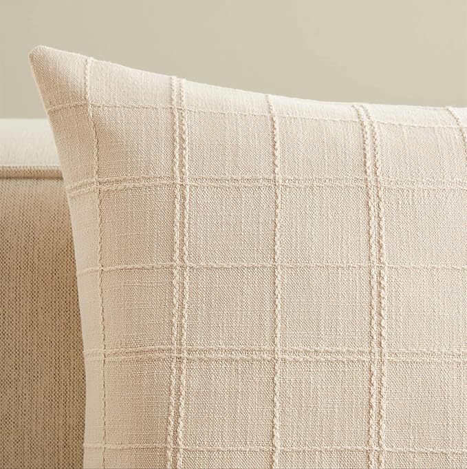 ZeeMart Linen Checked Throw Pillow Covers Set of 2, 20x20 Inch Beige/Cream - Image 2